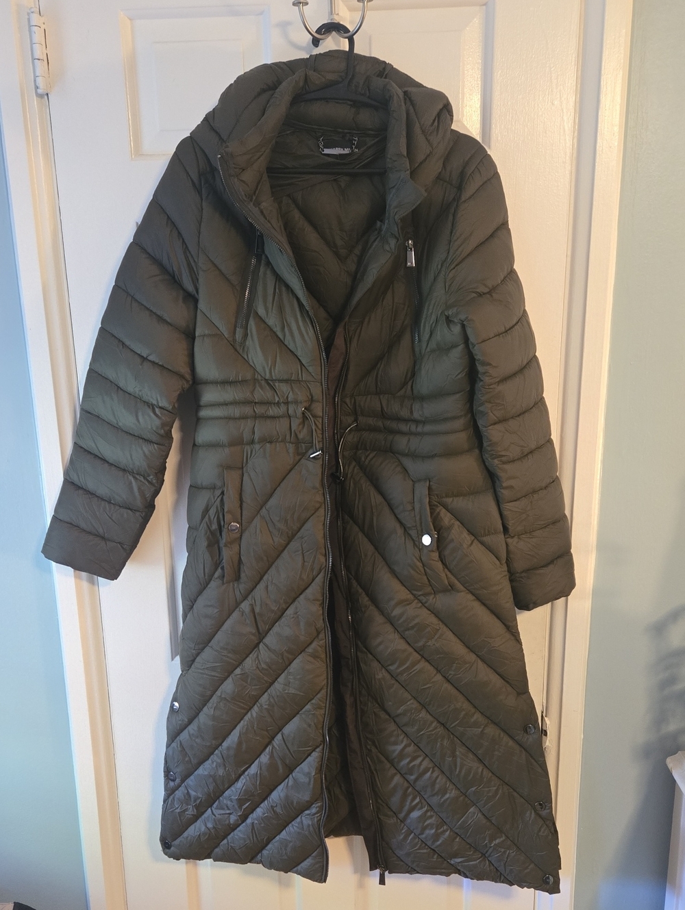 Karen Millen Olive Long Quilted Hooded Puffer Coat